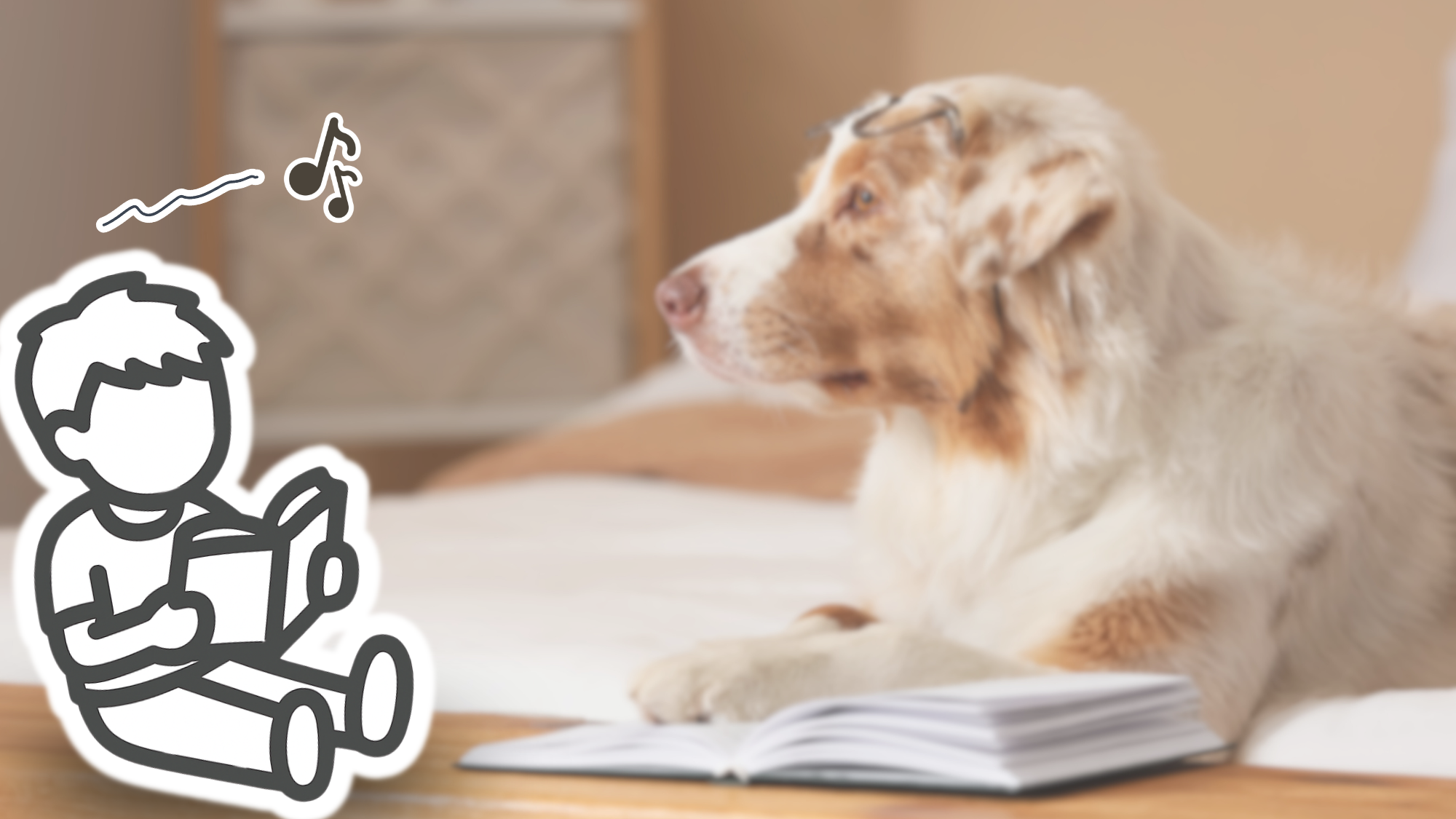 本を開いて寝そべる犬と、その手前で本を読む白い人型キャラクターのイラスト。犬は眼鏡を頭にのせ、音符のマークが描かれている。小型株のキホンをこれから学ぶ場面を表したイメージ画像。