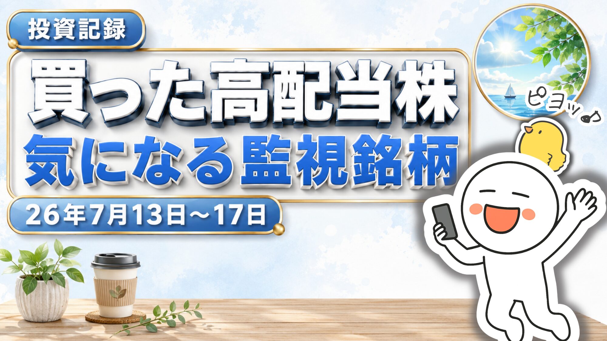 スマートフォンを手に喜ぶキャラクターと小鳥、観葉植物を描いた投資記録のカバー画像。「買った高配当株」「気になる監視銘柄」「26年7月13日～17日」の文字が入っている。