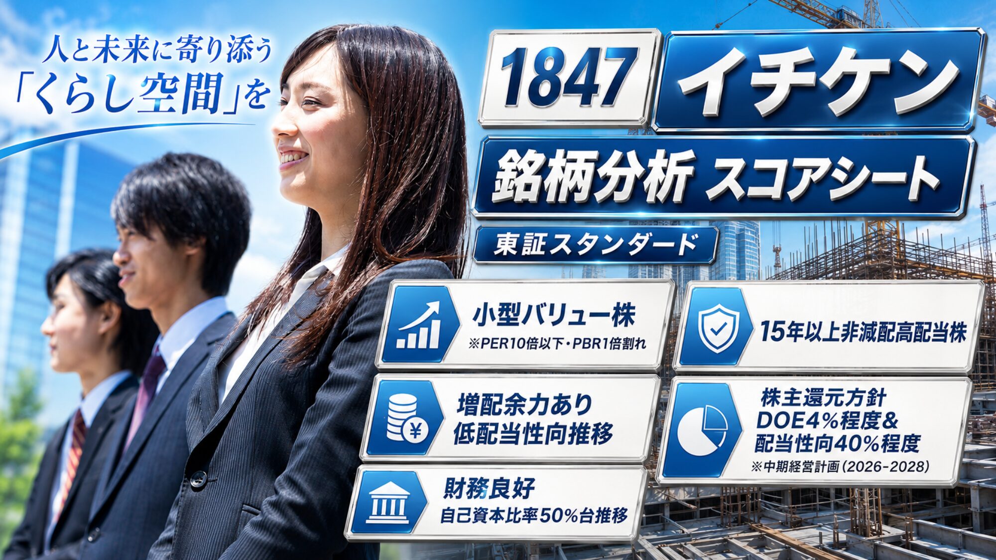 青空と建設中のビル・クレーンを背景に、スーツ姿の社員3人が前を見上げるイチケン（1847）銘柄分析スコアシートの表紙。企業スローガン「人と未来に寄り添う「くらし空間」を」とともに、東証スタンダード上場の同社を「小型バリュー株（PER10倍以下・PBR1倍割れ）」「15年以上非減配高配当株」「増配余力あり 低配当性向推移」「株主還元方針 DOE4%程度＆配当性向40%程度」「財務良好 自己資本比率50%台推移」の5点で示している。