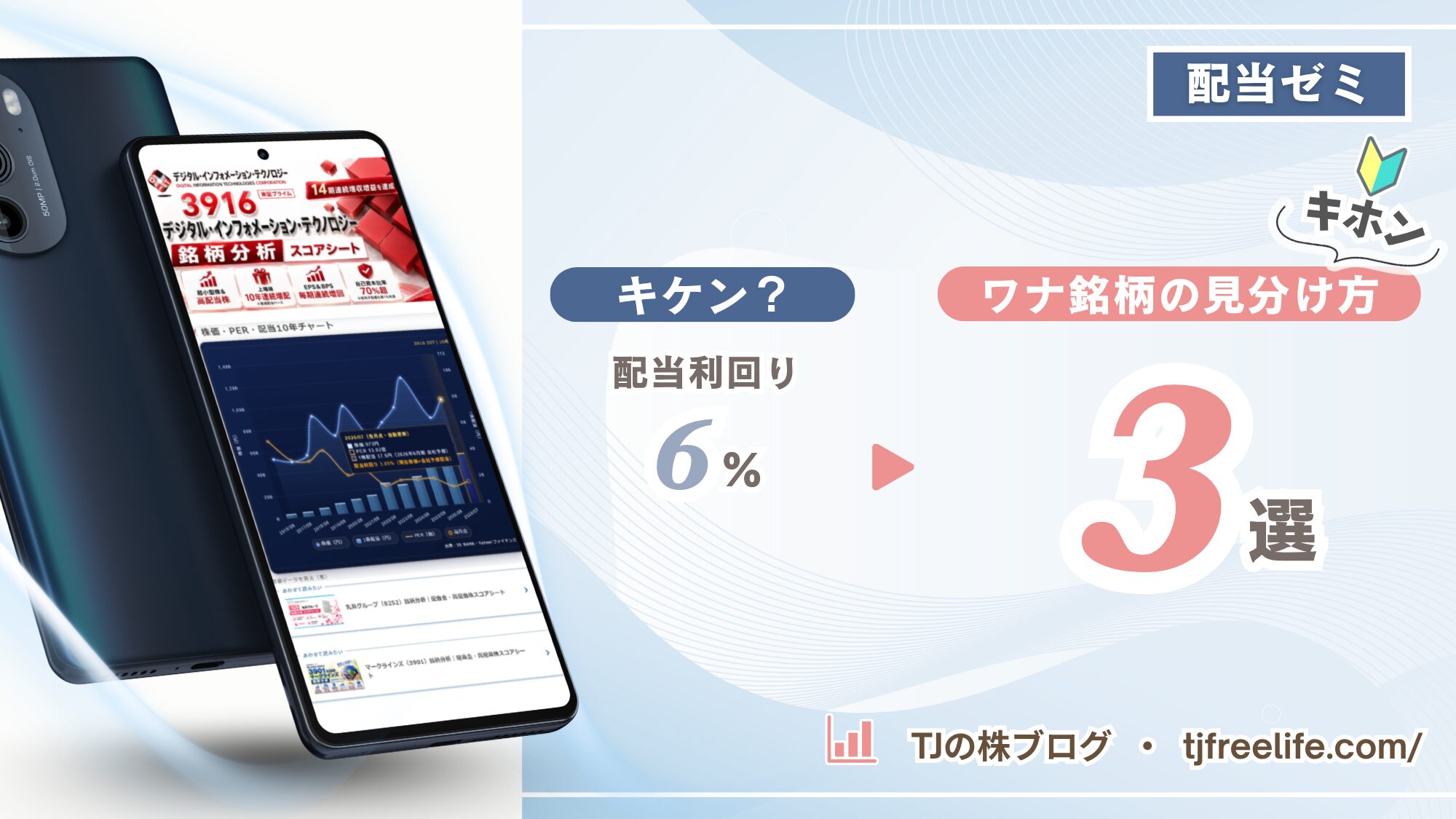 配当ゼミのアイキャッチ画像。スマートフォンに表示した銘柄分析スコアシートとともに、「キケン？」「配当利回り6%」「ワナ銘柄の見分け方　3選」の文字が入っている。