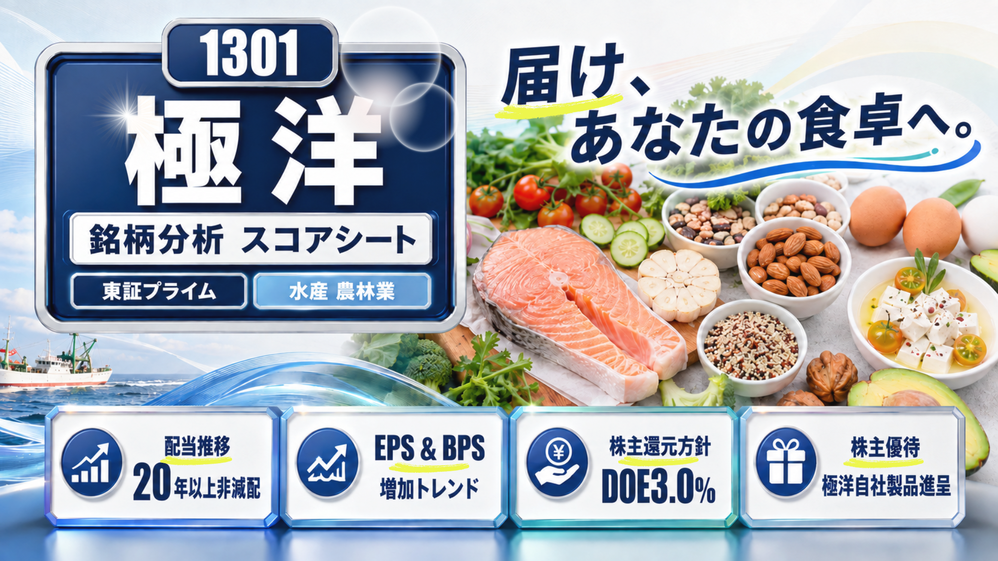 極洋（証券コード1301・東証プライム）の銘柄分析スコアシート記事のアイキャッチ画像。サーモンの切り身とトマトやブロッコリーなどの野菜、ナッツ、卵、豆腐料理が並ぶ食卓を背景に、左側には漁船と海。キャッチコピー「届け、あなたの食卓へ。」と業種の「水産 農林業」を配置。下部に配当推移は20年以上非減配、EPS・BPSは増加トレンド、株主還元方針はDOE3.0％、株主優待は自社製品進呈という4つの特徴カードが並ぶ。