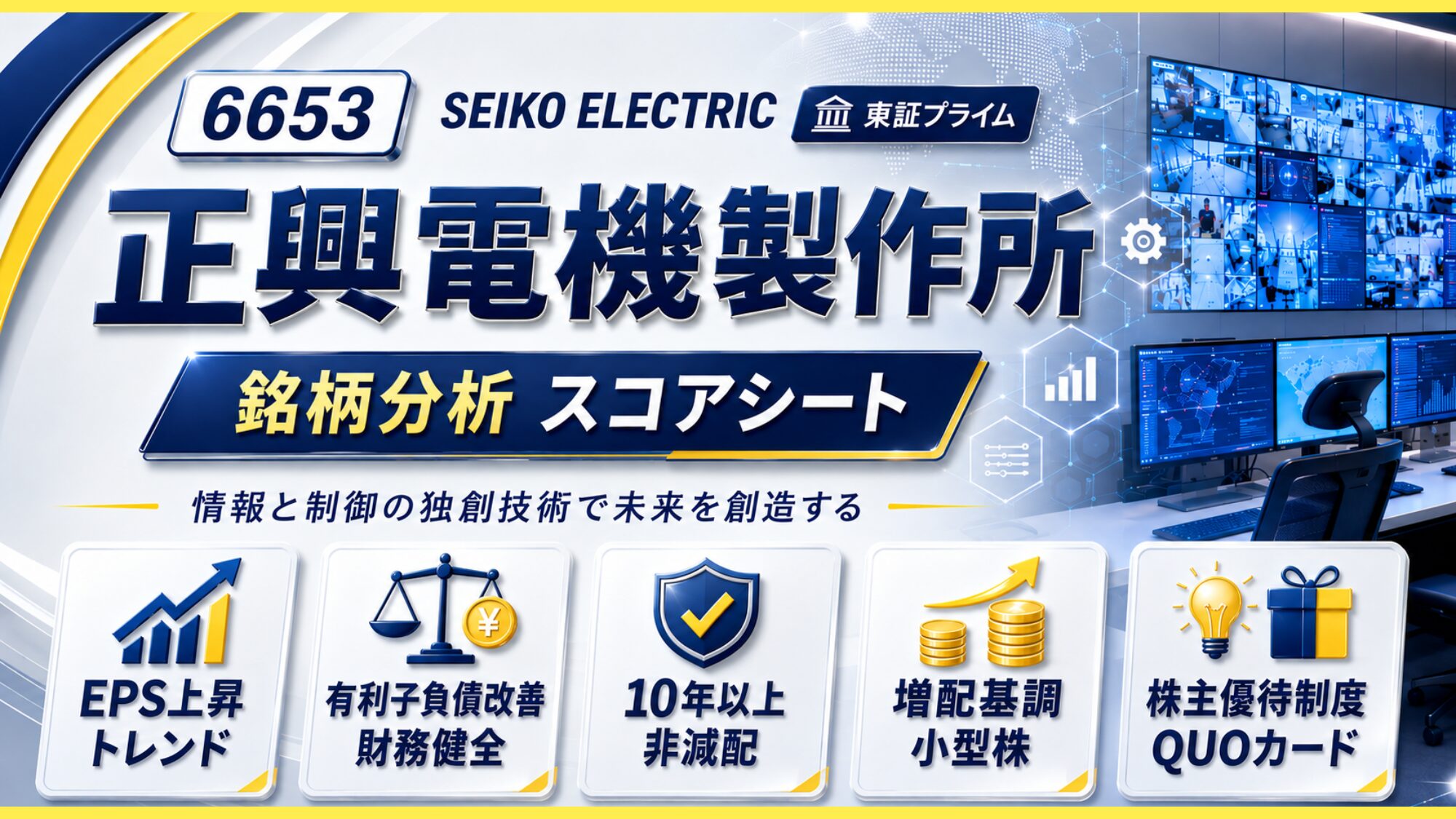 正興電機製作所（証券コード6653・東証プライム）の銘柄分析スコアシート記事のアイキャッチ画像。青を基調に、監視モニターが並ぶ管制室を背景へ、社名と「情報と制御の独創技術で未来を創造する」のキャッチコピーを配置。下部にはEPS上昇トレンド、有利子負債改善で財務健全、10年以上非減配、増配基調の小型株、QUOカードの株主優待制度という5つの特徴カードが並ぶ。