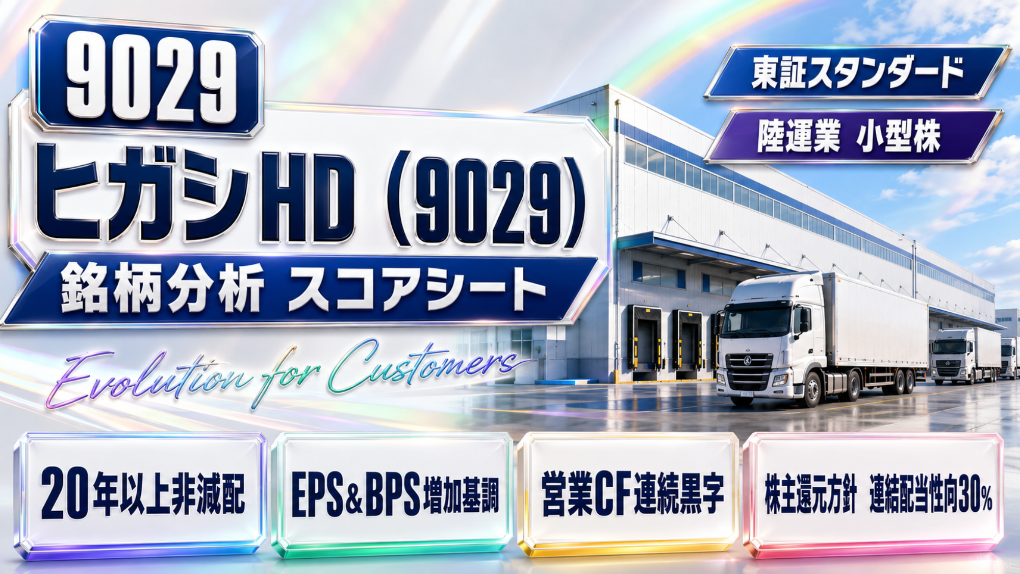 ヒガシホールディングス（証券コード9029・東証スタンダード）の銘柄分析スコアシート記事のアイキャッチ画像。青空と虹の下に広がる物流センターのトラックバースと大型トラックを背景に、企業スローガン「Evolution for Customers」と業種の「陸運業 小型株」を配置。下部に20年以上非減配、EPS・BPS増加基調、営業CF連続黒字、株主還元方針は連結配当性向30％という4つの特徴カードが並ぶ。