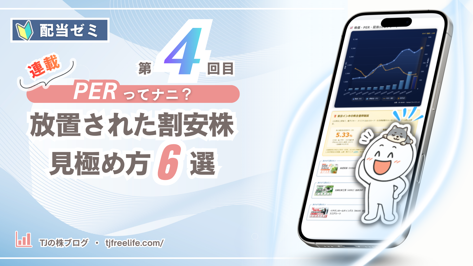 淡い水色の背景に「配当ゼミ」のバッジと「連載」「第4回目」の表示。ピンクの帯に「PERってナニ？」、中央に大きく「放置された割安株」「見極め方6選」の見出し。右側には株価・PER・配当の10年チャートや株主優待の記事画面を映したスマートフォンが立ち、手前で柴犬を頭にのせた白いキャラクターが両手を上げて笑っている。左下に「TJの株ブログ・tjfreelife.com/」。
