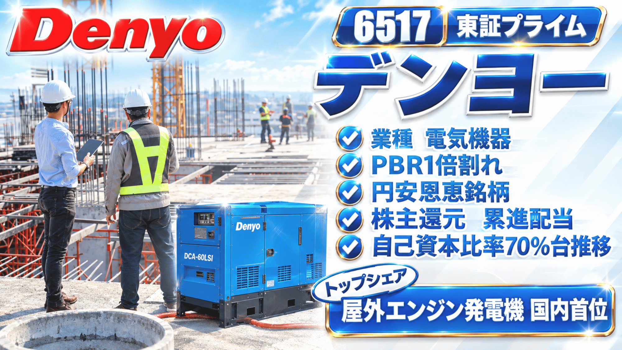 デンヨー（6517）銘柄分析スコアシートのアイキャッチ画像。青空の下の建設現場を背景に、白いヘルメットの作業員2人が後ろ姿で立ち、手前に青いエンジン発電機「Denyo DCA-60LSI」と赤いケーブルが置かれている。左上に赤と青のDenyoロゴ。右側は銘柄コード6517と「東証プライム」のバッジ、大きな「デンヨー」の文字を掲げ、その下に業種 電気機器、PBR1倍割れ、円安恩恵銘柄、株主還元 累進配当、自己資本比率70％台推移の5項目がチェックマーク付きで並ぶ。右下に「トップシェア 屋外エンジン発電機 国内首位」の帯。