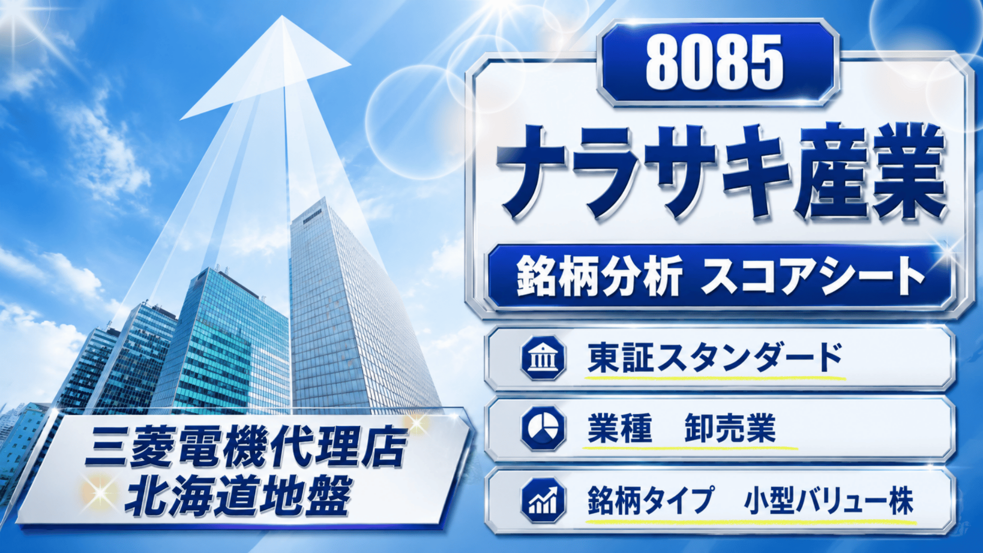 ナラサキ産業（8085）銘柄分析スコアシートのアイキャッチ画像。青空に高層ビル群がそびえ、上へ伸びる白い矢印が重なる。右側の銀縁の紺色看板に銘柄コード8085と社名、「銘柄分析 スコアシート」を掲げ、その下に東証スタンダード、業種 卸売業、銘柄タイプ 小型バリュー株の3項目がアイコン付きのカードで並ぶ。左下には「三菱電機代理店 北海道地盤」の帯。