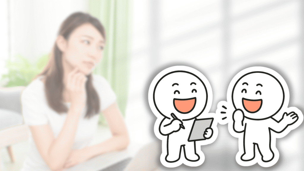 タブレットにメモを取りながら説明を聞く、2体の白いキャラクターのイラスト。左の背景には、手をあごに当てて考えごとをする女性がぼかしで写る。気になる銘柄のPBRを同じ業種の会社と並べてみる、今日の宿題の場面のイメージ。